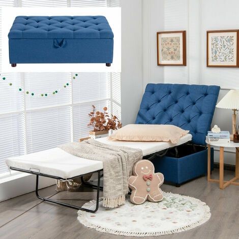 Costway Folding Bed With Mattress, 2 In 1 Convertible Sofa Bed Ottoman,  Space Saving Button Tufted With Regard To Blue Folding Bed Ottomans (View 6 of 15)