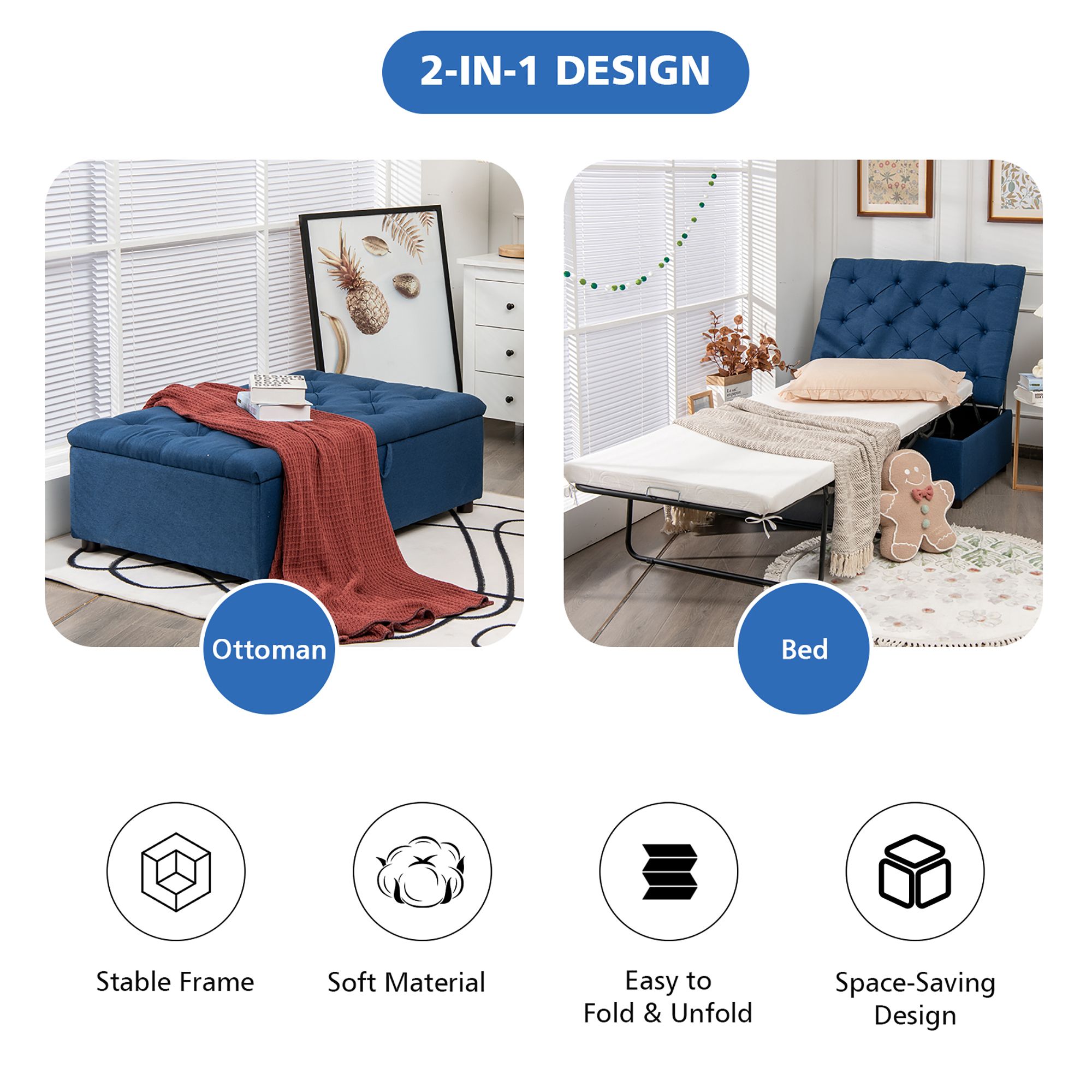 Costway Folding Ottoman Sleeper Bed With Mattress Convertible Guest Bed Blue  – Walmart Regarding Blue Folding Bed Ottomans (View 7 of 15)