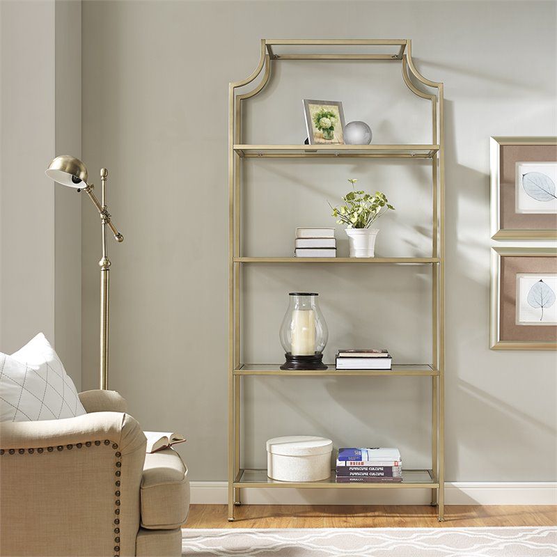 Crosley Aimee 4 Shelf Glass Etagere Bookcase In Antique Gold |  Bushfurniturecollection For Antique Gold Bookcases (Photo 2 of 15)