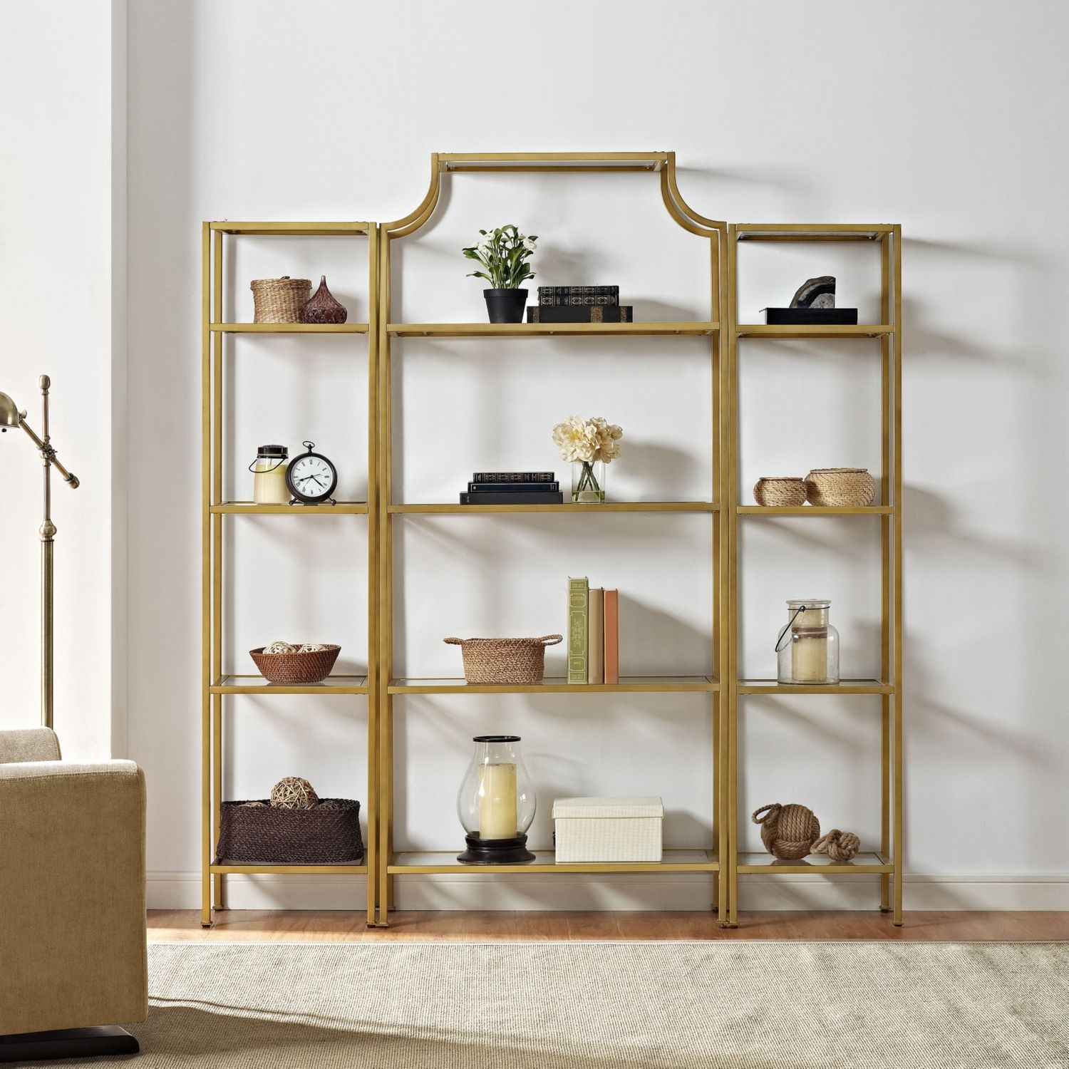 Crosley Kf65004gl Aimee 3 Piece Etagere Bookcase Set In Antique Gold Finish  & Tempered Glass Intended For Antique Gold Bookcases (Photo 11 of 15)
