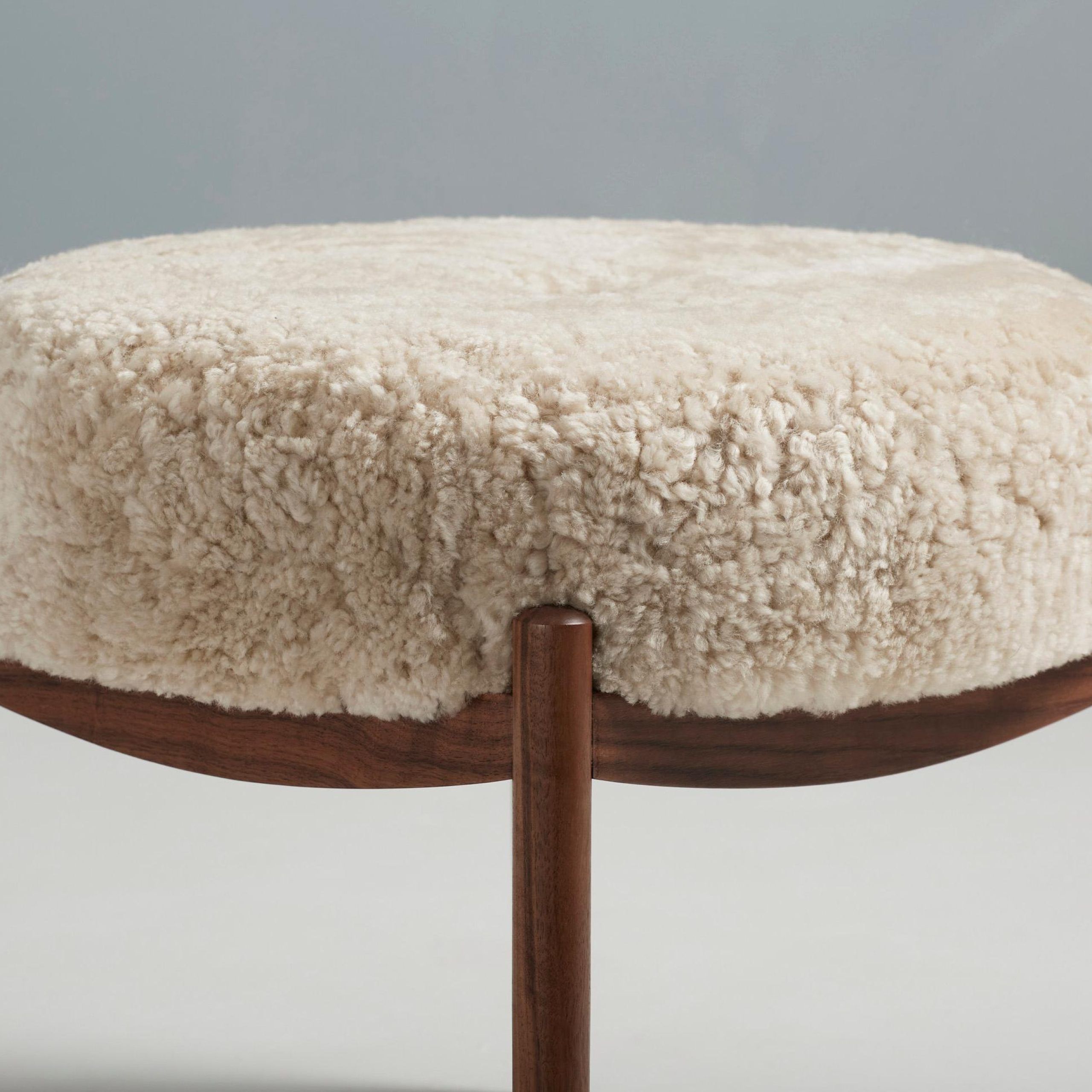 Custom Made Walnut And Shearling Round Ottoman For Sale At 1stdibs Inside Satin Black Shearling Ottomans (Photo 9 of 15)