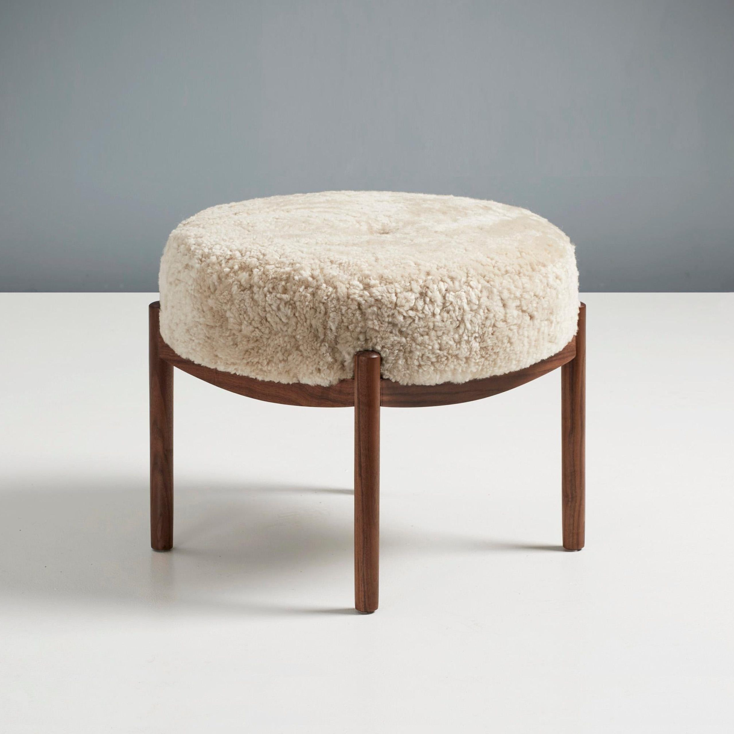 Custom Made Walnut And Shearling Round Ottoman For Sale At 1stdibs Throughout Satin Black Shearling Ottomans (View 10 of 15)