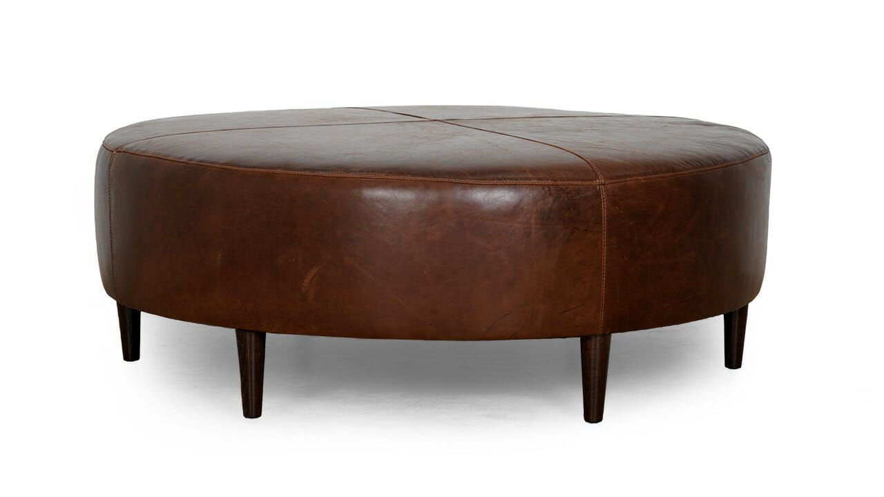 Custom Round Ottoman For Sale | Circular Leather Ottoman Throughout Walnut Round Ottomans (View 9 of 15)
