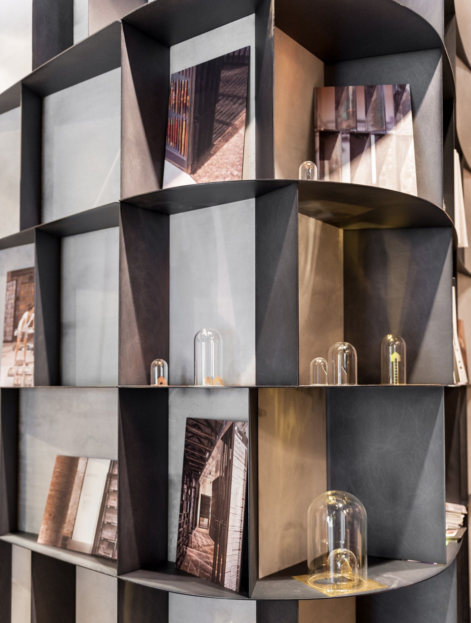 De Castelli Flagship Store #outdoor #indoor #iron #copper #aluminium #steel  #corten Round #bookcase | Bookshelf Design, Shelving Design, Shelving For Weathered Steel Bookcases (View 10 of 15)