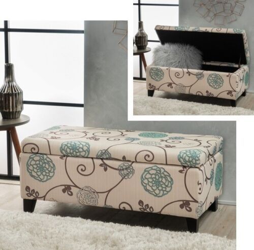 Floral Fabric Storage Ottoman White Blue Ottomans Rectangular Modern  Furniture | Ebay With Ivory And Blue Ottomans (View 6 of 15)