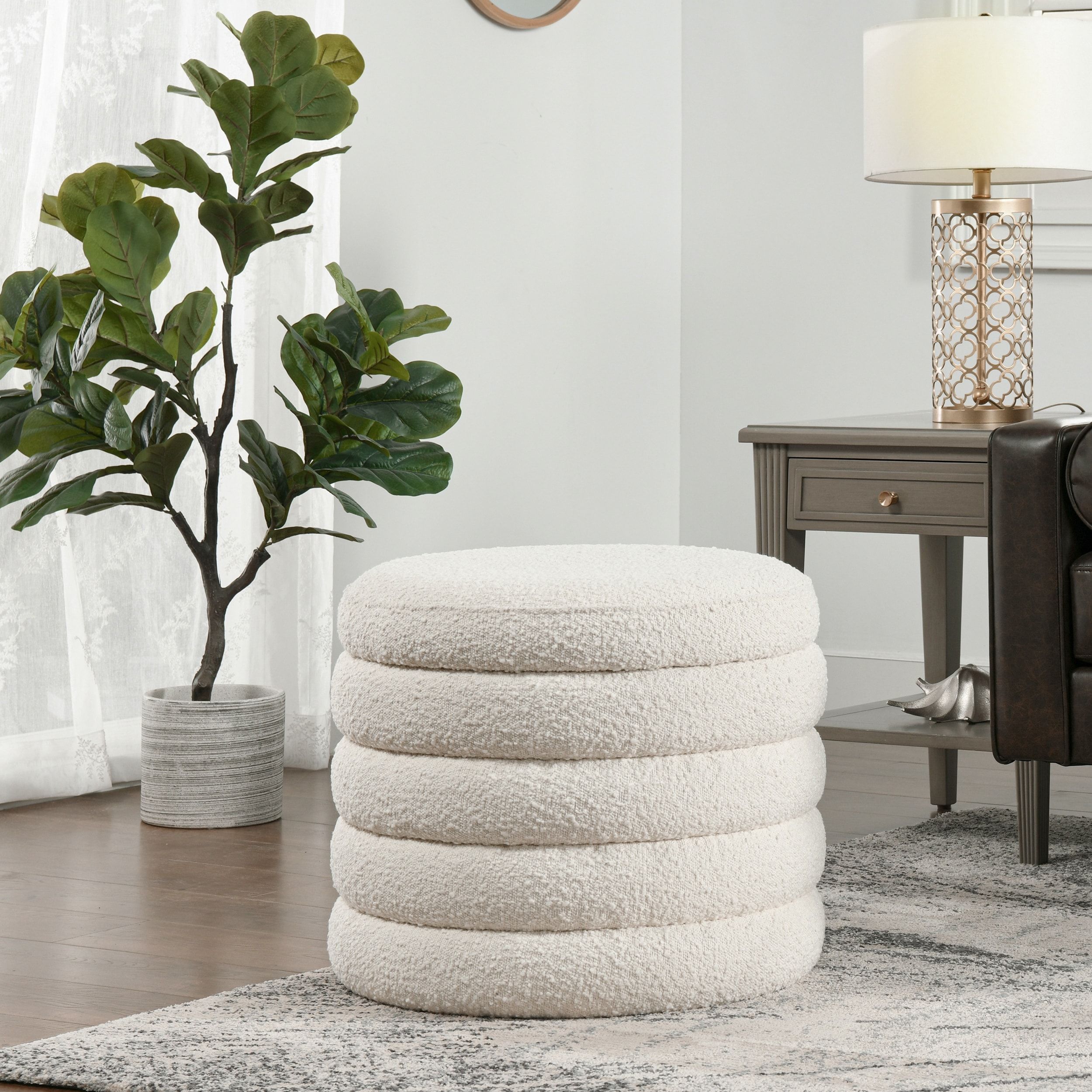 Fuji 19" Upholstered Round Storage Ottoman, Ivory White Boucle – On Sale –  Overstock – 33780918 Within 19 Inch Ottomans (View 3 of 15)