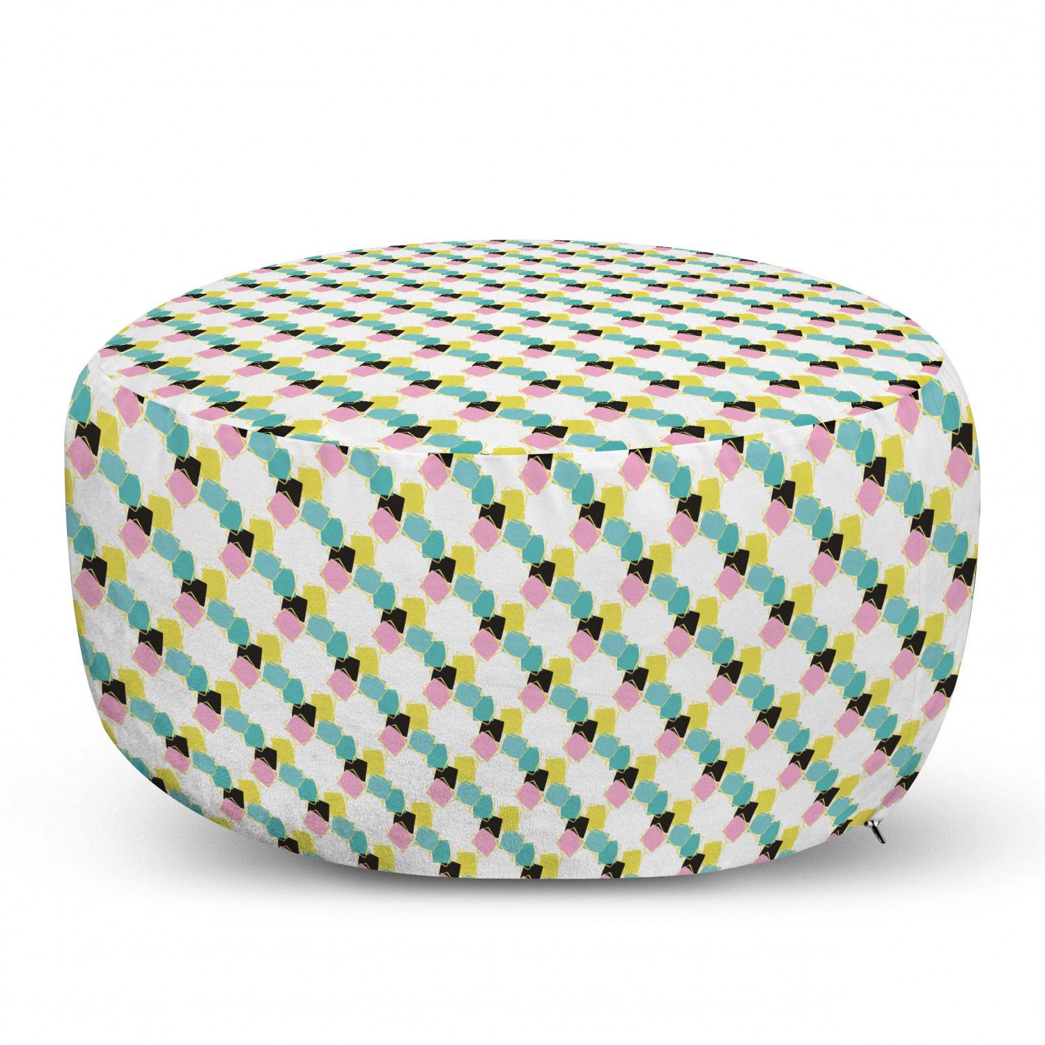 Geometric Ottoman Pouf, Memphis Art Abstract Pattern With Squares,  Decorative Soft Foot Rest With Removable Cover Living Room And Bedroom,  Ivory Multicolor,ambesonne – Walmart Pertaining To Soft Ivory Geometric Ottomans (View 11 of 15)