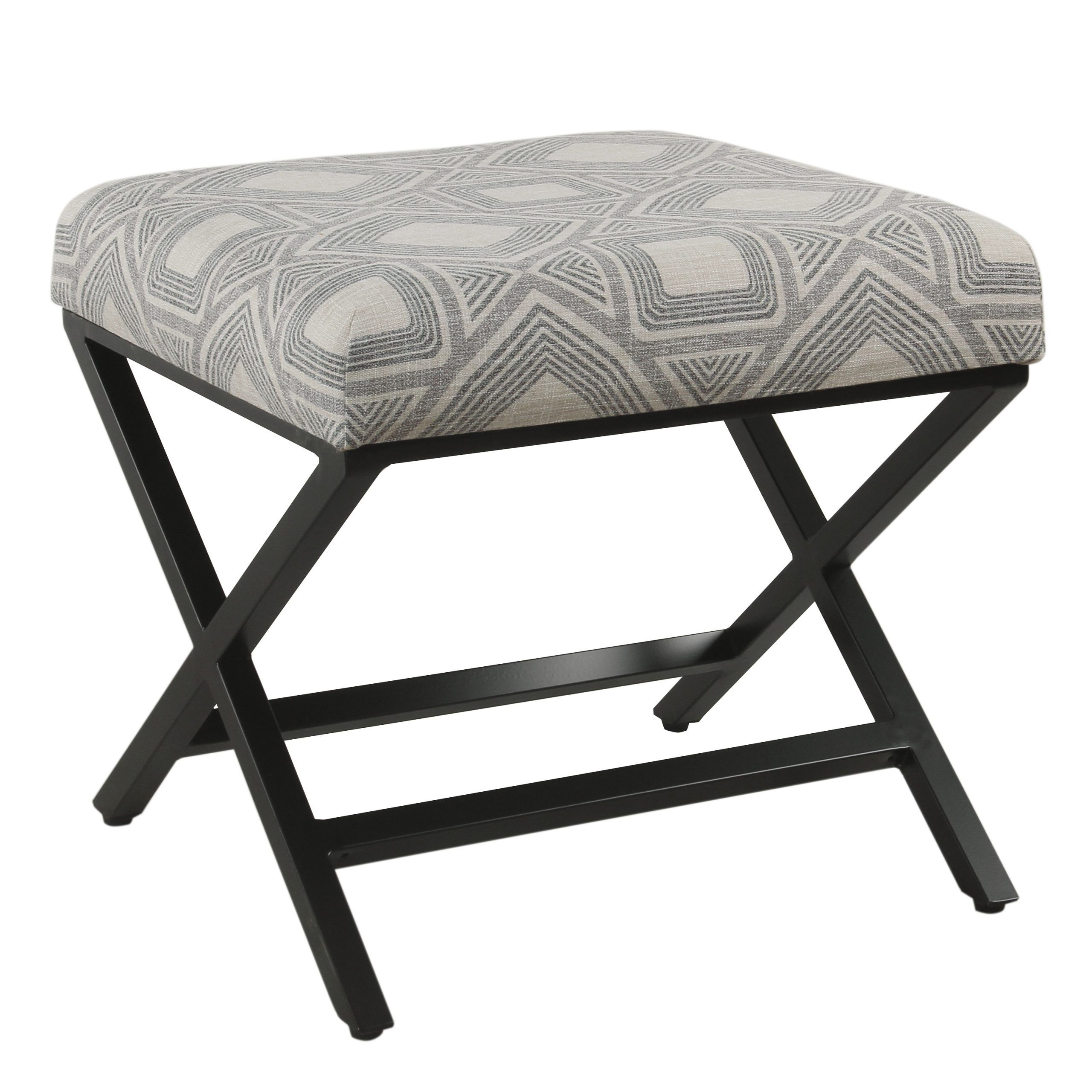 Geometric Pattern Fabric Upholstered Ottoman With X Shape Metal Legs, Gray  And Cream – As Pictured – Overstock – 29397542 Regarding Geometric Gray Ottomans (Photo 1 of 15)