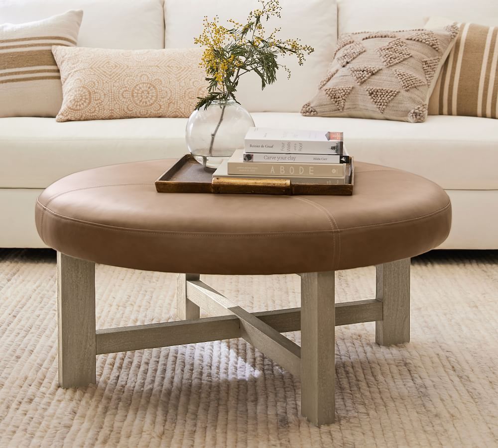 Haden Leather Ottoman | Pottery Barn With Regard To Ottomans With Walnut Wooden Base (View 6 of 15)