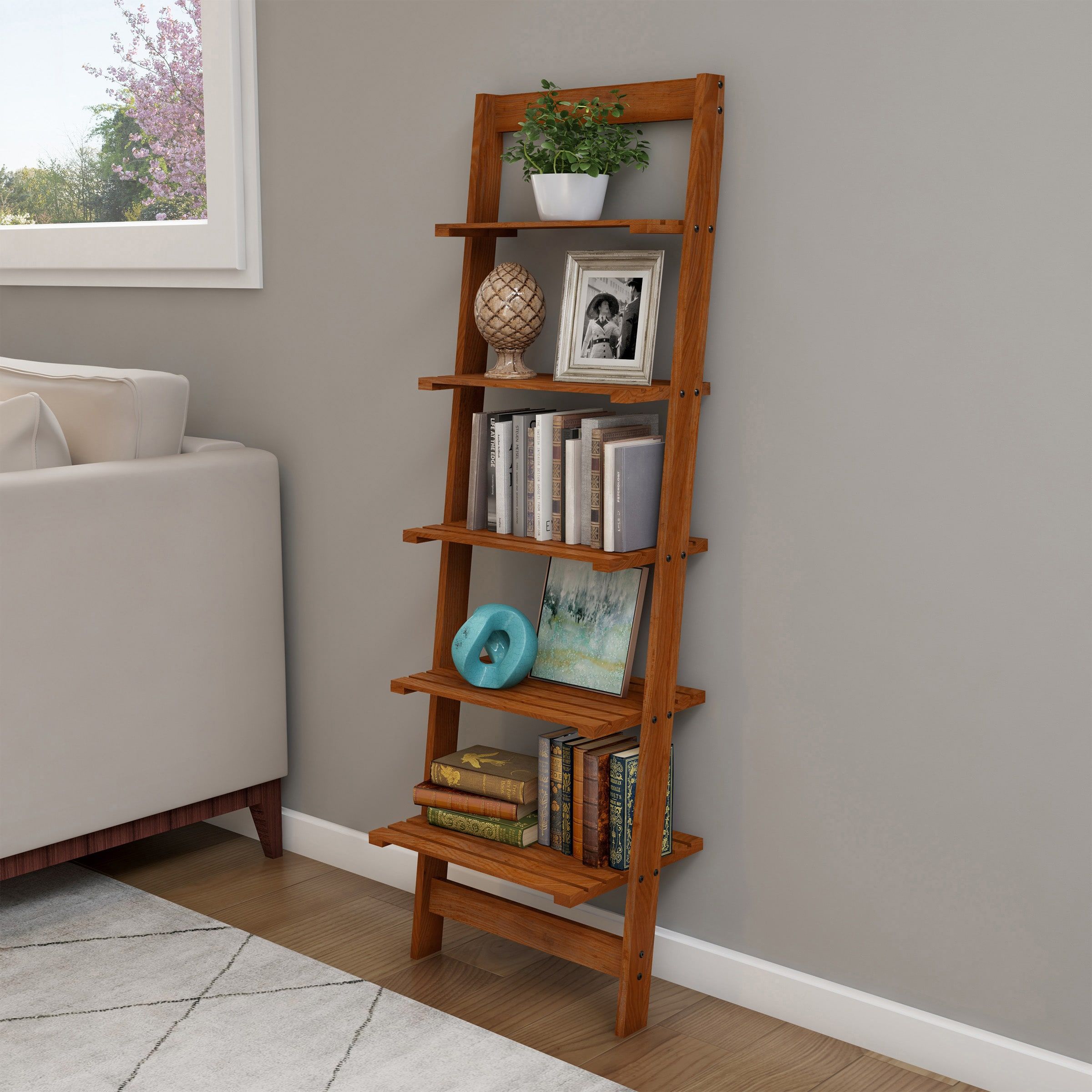 Hastings Home 5 Tier Wood Ladder Bookshelf, Cherry Wood 5 Shelf Ladder  Bookcase (16.25 In W X 50 In H X 11.5 In D) In The Bookcases Department At  Lowes In Five Tier Bookcases (Photo 4 of 15)