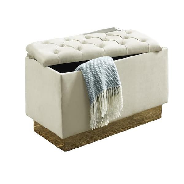 Hi Line Gift Cream Button Tufted Storage Ottoman With Gold Base 96161 Cm –  The Home Depot With Gold Storage Ottomans (View 7 of 15)