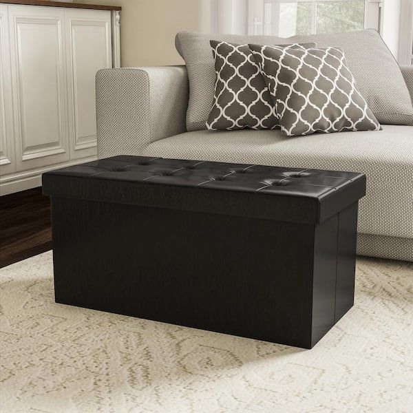 Home Complete Black Faux Leather Storage Ottoman Hw0200213 – The Home Depot With Regard To Black Faux Leather Ottomans (View 15 of 15)