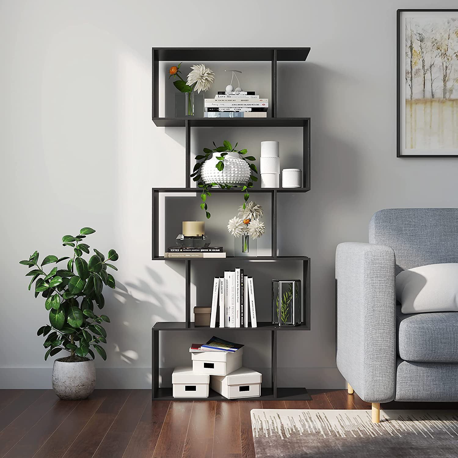 Homefort Geometric Bookcase, 5 Tier Wooden S Shaped Storage Bookcase,  Display Bookshelf, Black, Brown Or White – Walmart With Regard To Geometric Bookcases (View 11 of 15)