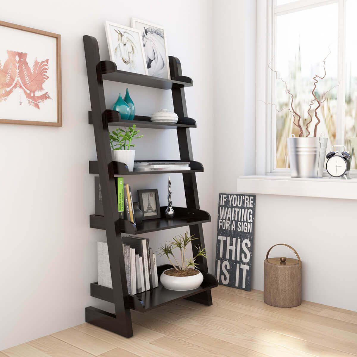 Ignacio 5 Open Shelf Solid Wood Leaning Ladder Bookcase Within Wooden Ladder Bookcases (Photo 14 of 15)