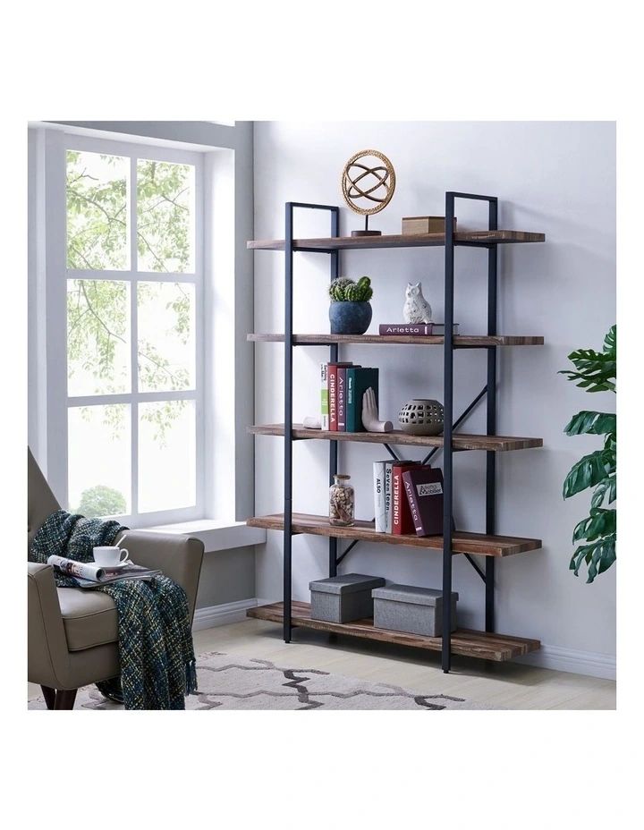 Ihomdec 5 Tier Industrial Wood And Metal Bookshelves Retro Brown | Myer With Brown Metal Bookcases (View 15 of 15)
