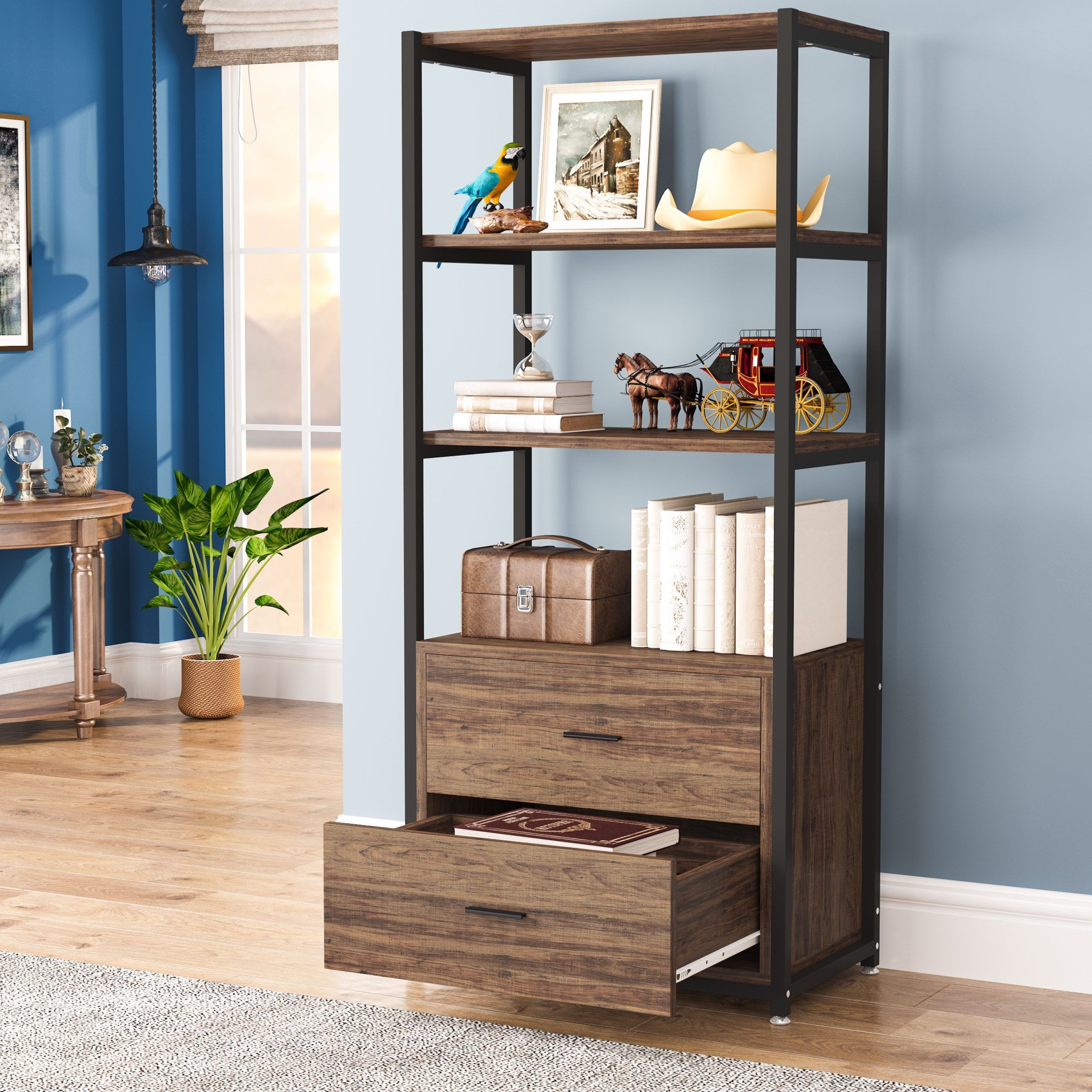 Industrial Bookshelf With Drawers And Matte Steel Frame, 5 Tier Bookcase,  Display Decorative Shelf – Overstock – 32849455 Within 5 Tier Bookcases With Drawer (View 2 of 15)