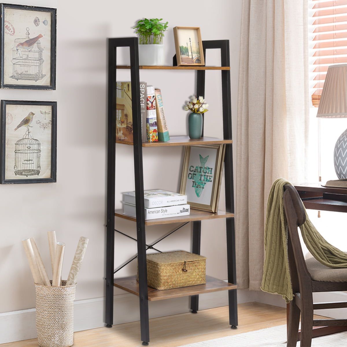 Industrial Shelf Ladder Bookshelf Organizer 4 Tier Bookshelf Vintage Rustic  Storage Rack Shelves With Wood Look And Metal Frame For Living Room Study  Lounge Bedroom Office – Walmart For Four Tier Bookcases (Photo 6 of 15)