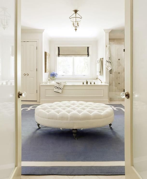 Ivory And Blue Bathroom With White Oval Tufted Ottoman On Caster Legs –  Transitional – Bathroom Within Ivory And Blue Ottomans (View 7 of 15)