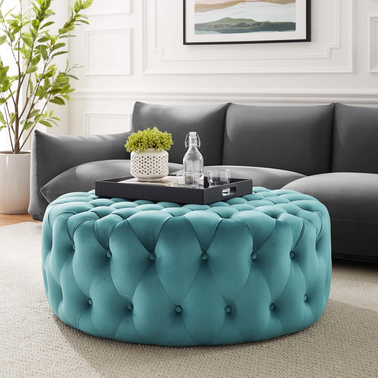 Ivory Velvet Totally Tufted Round Ottoman Coffee Table Throughout Ivory And Blue Ottomans (View 8 of 15)