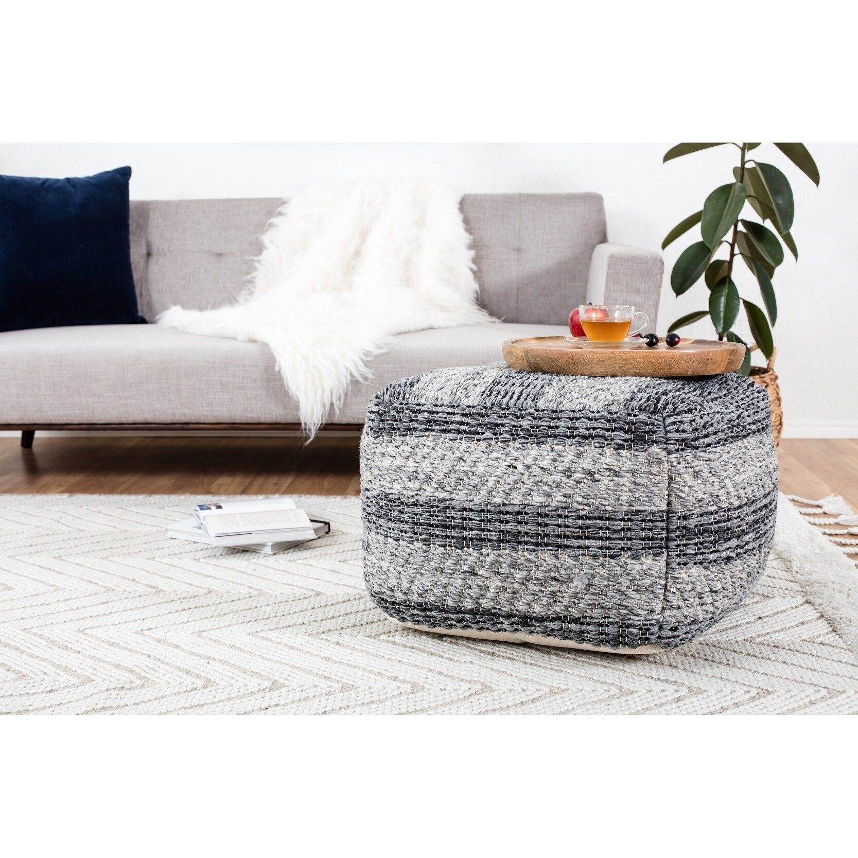 Jani Grey Striped Handwoven 24 Inch Square Pouf Ottoman – Overstock –  29360370 Intended For Polyester Handwoven Ottomans (View 8 of 15)