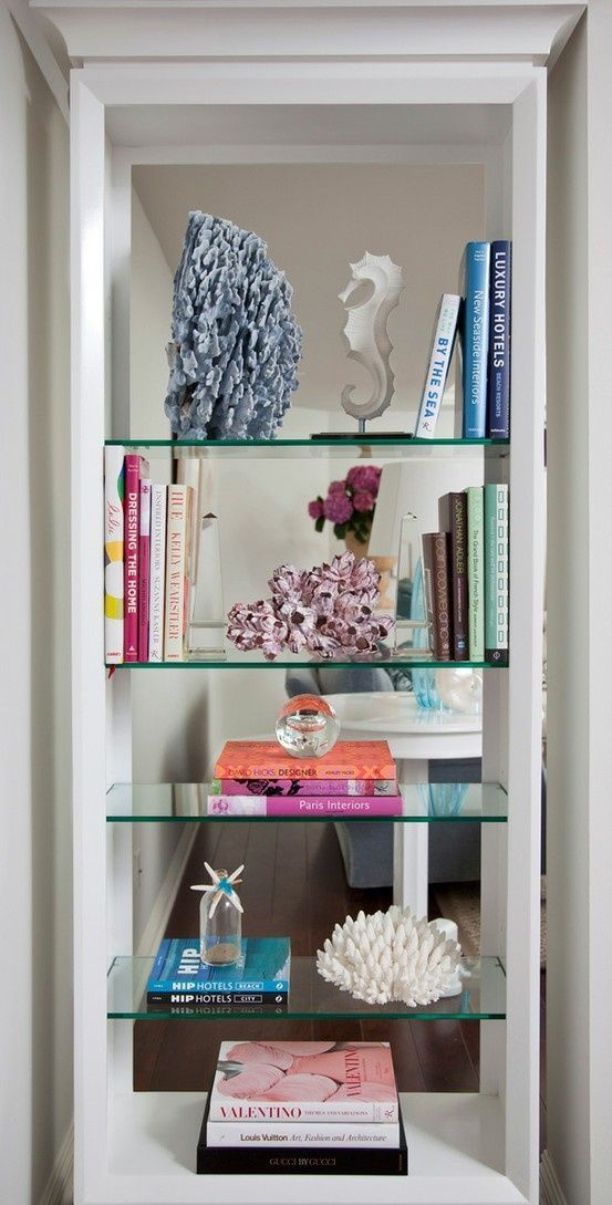 Keep Your Coastal Bookshelf Interesting With Space For Artwork, Vintage  Objects And Real Shells. | Bookcase Styling, Decor, Bookcase Inside Mirrored Glass Bookcases (Photo 11 of 15)