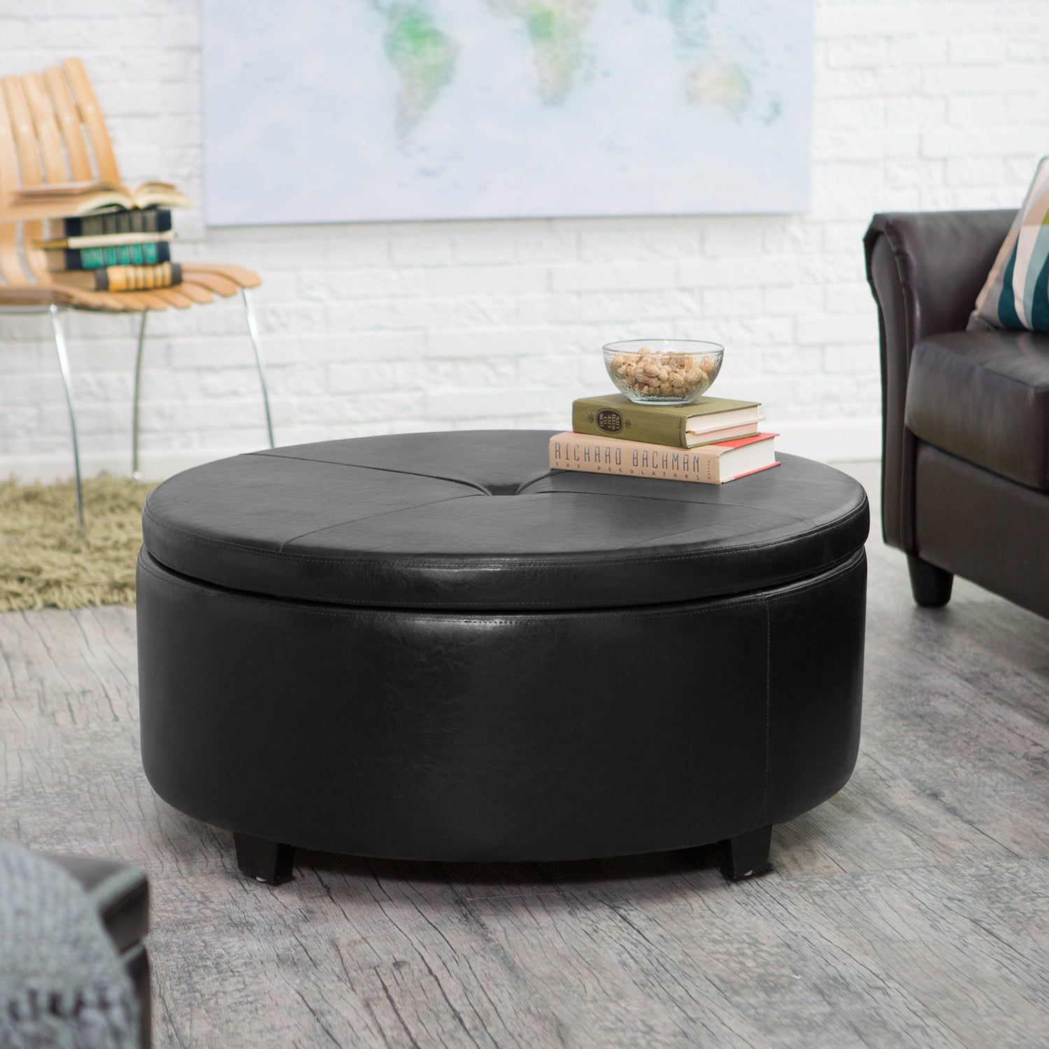 Lacoo Large Round Storage Ottoman Comfort Footrest, Black Faux Leather –  Walmart With Regard To Black Faux Leather Ottomans (View 2 of 15)