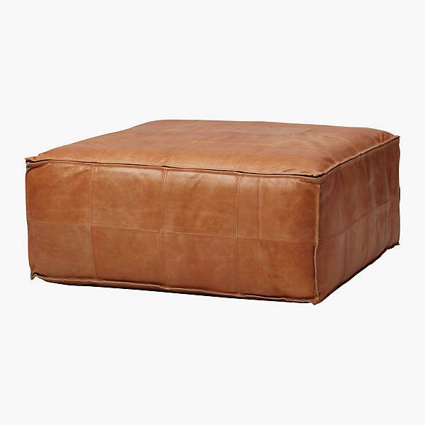 Large Hand Stitched Brown Leather Ottoman Pouf + Reviews | Cb2 In Brown Leather Ottomans (View 8 of 15)