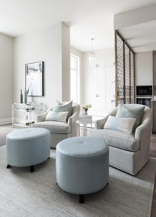 Light Gray Swivel Club Chairs With Round Light Blue Ottomans – Contemporary  – Living Room For Light Gray Ottomans (View 9 of 15)