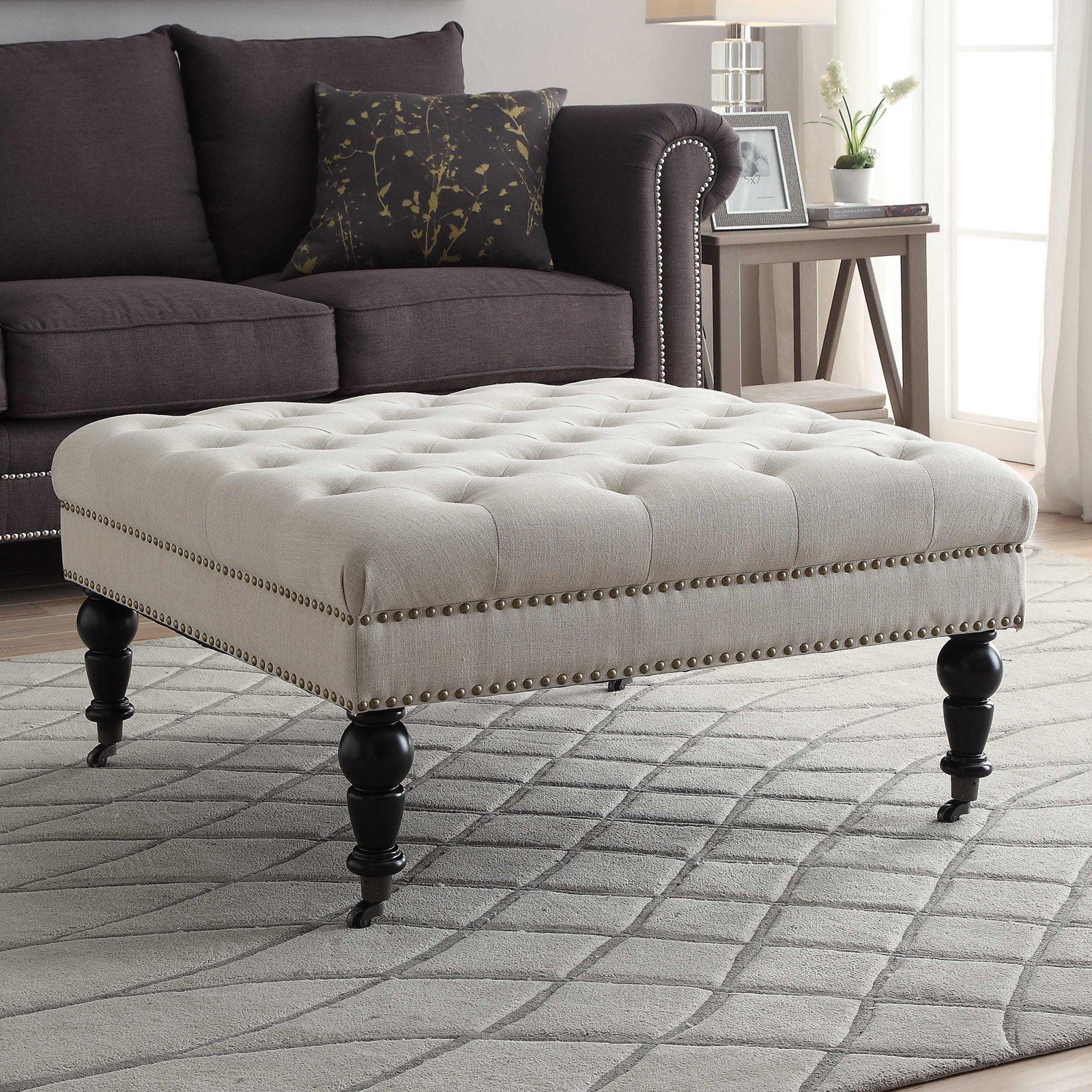 Linon Isabelle Linen Square Tufted Ottoman, Natural – Walmart Pertaining To Natural Ottomans (View 9 of 15)