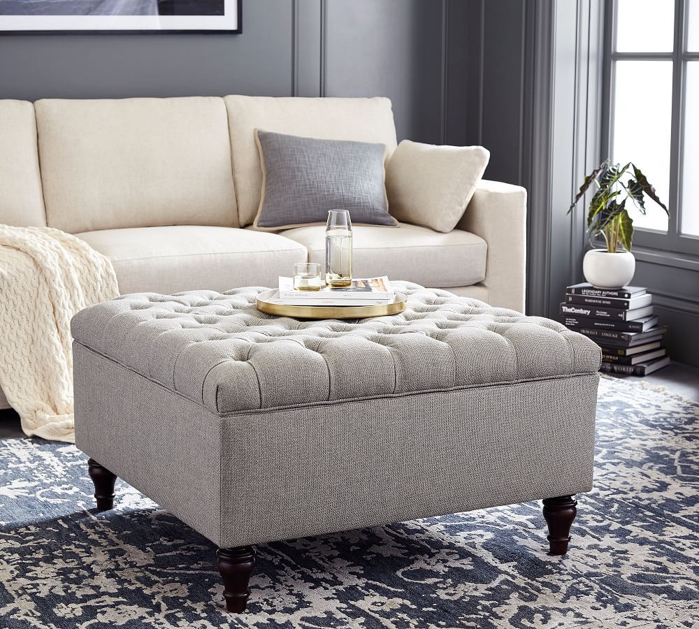 Lorraine Tufted Square Storage Ottoman | Pottery Barn Throughout Gray Ottomans (Photo 13 of 15)