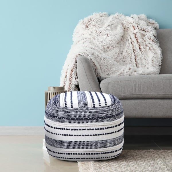Lr Home Seaside Navy Blue / Ivory Striped Textured Pouf Ottoman  5351a2084d9348 – The Home Depot Regarding Ivory And Blue Ottomans (Photo 10 of 15)