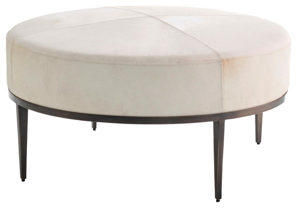 Luxe Modern Minimalist Ivory Hair Hide Ottoman, Coffee Table Leather Round  Iron – Transitional – Footstools And Ottomans  My Swanky Home | Houzz Pertaining To Ivory Faux Leather Ottomans (View 7 of 15)