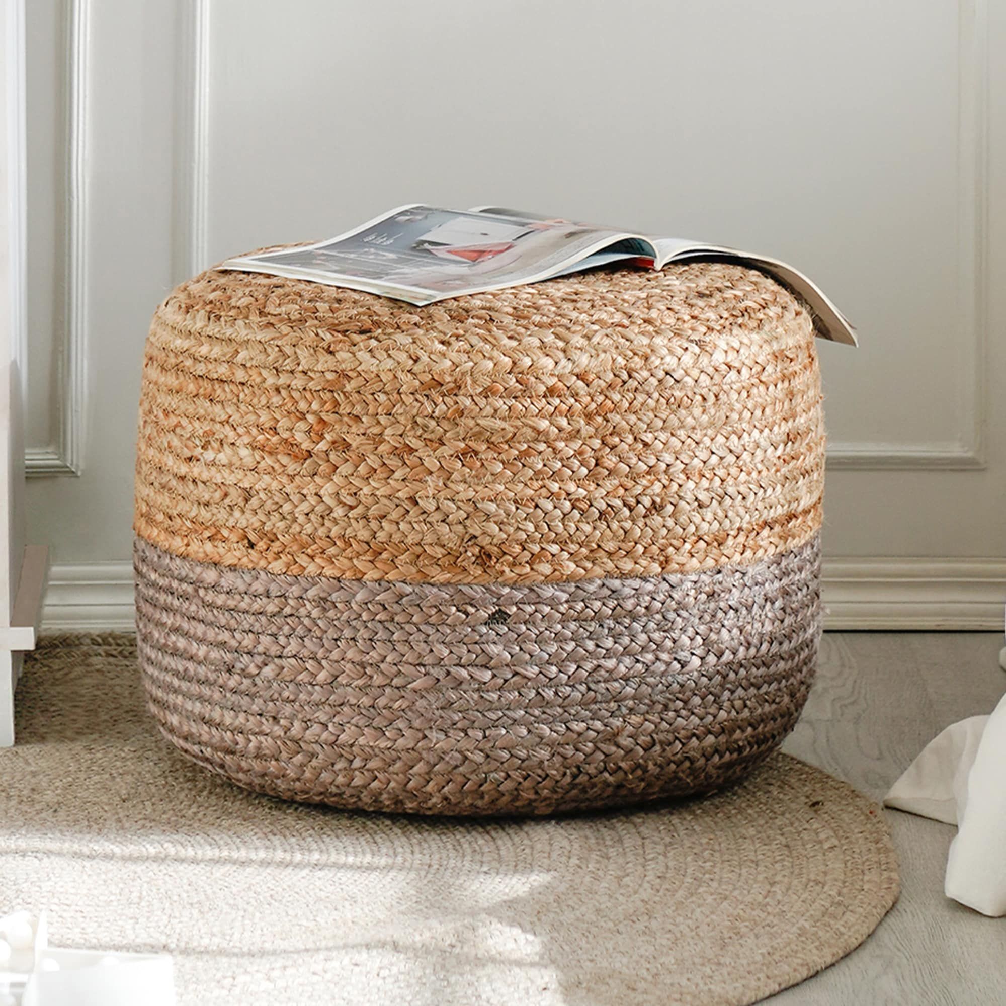 Madeleine Home Indoor Pouf Modern Gray And Natural Jute Round Ottoman In  The Ottomans & Poufs Department At Lowes Throughout Natural Ottomans (View 6 of 15)
