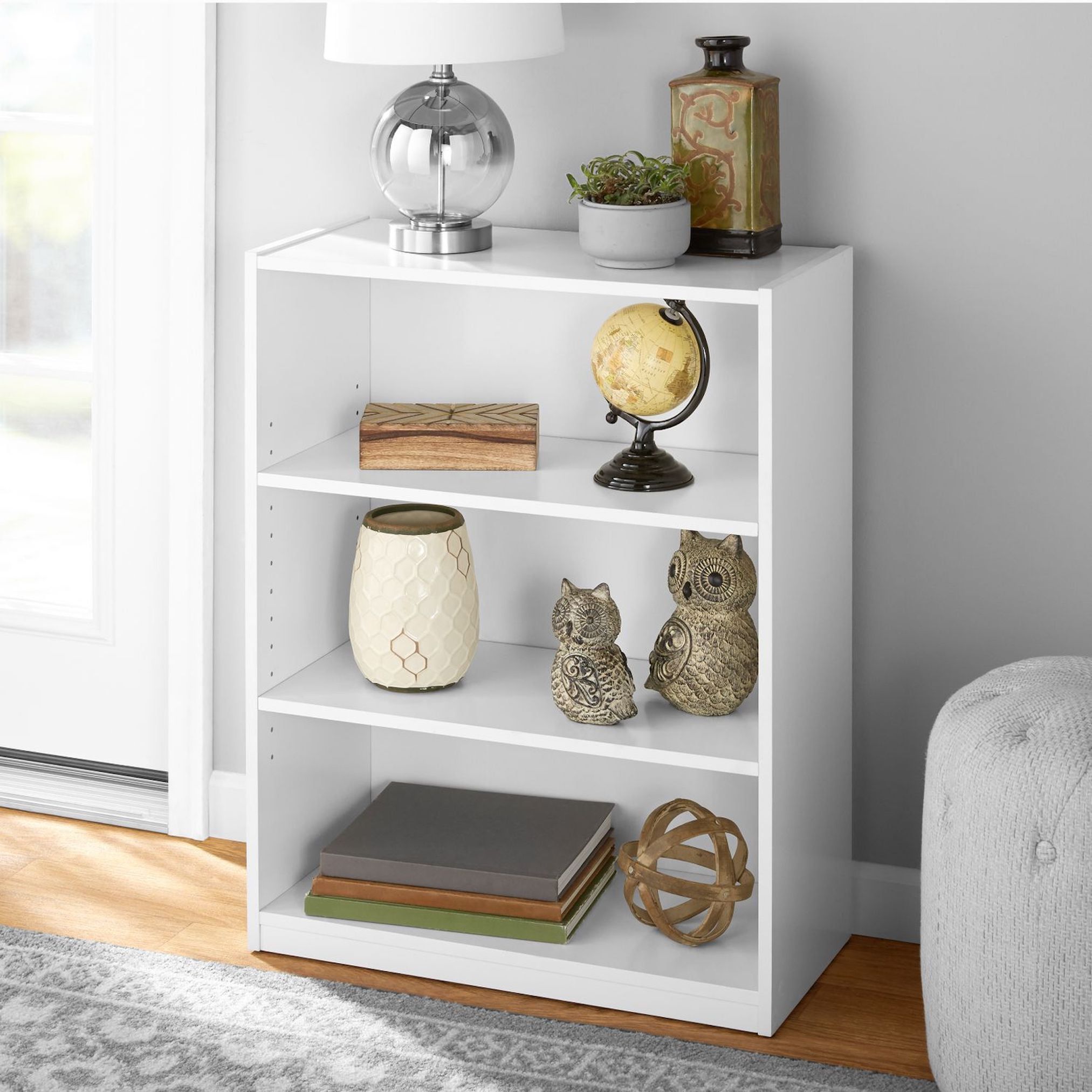 Mainstays 3 Shelf Bookcase With Adjustable Shelves, White – Walmart Within Mirrored Bookcases With 3 Shelves (Photo 14 of 15)