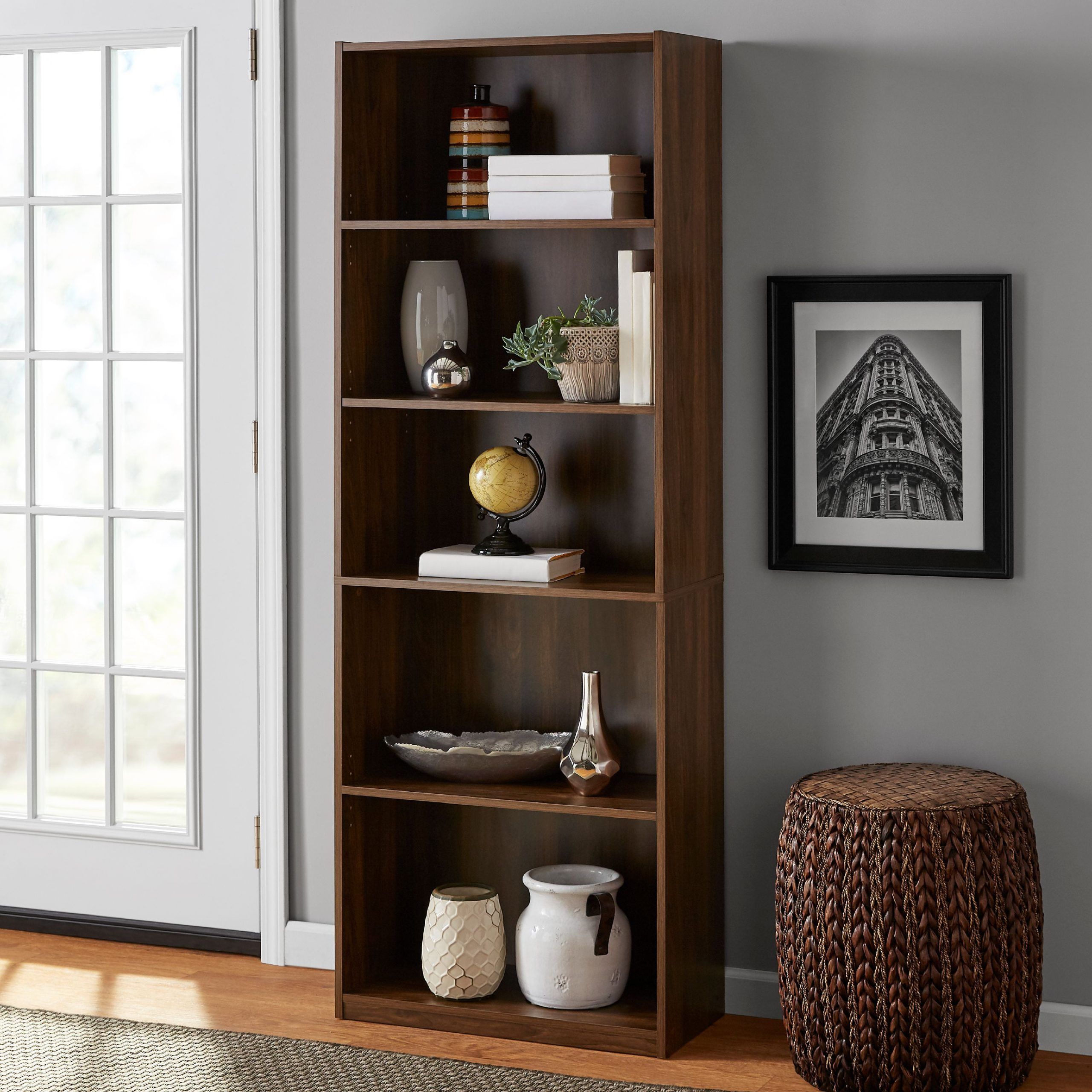 Mainstays 5 Shelf Bookcase With Adjustable Shelves, Canyon Walnut –  Walmart Intended For Bookcases With Five Shelves (Photo 4 of 15)