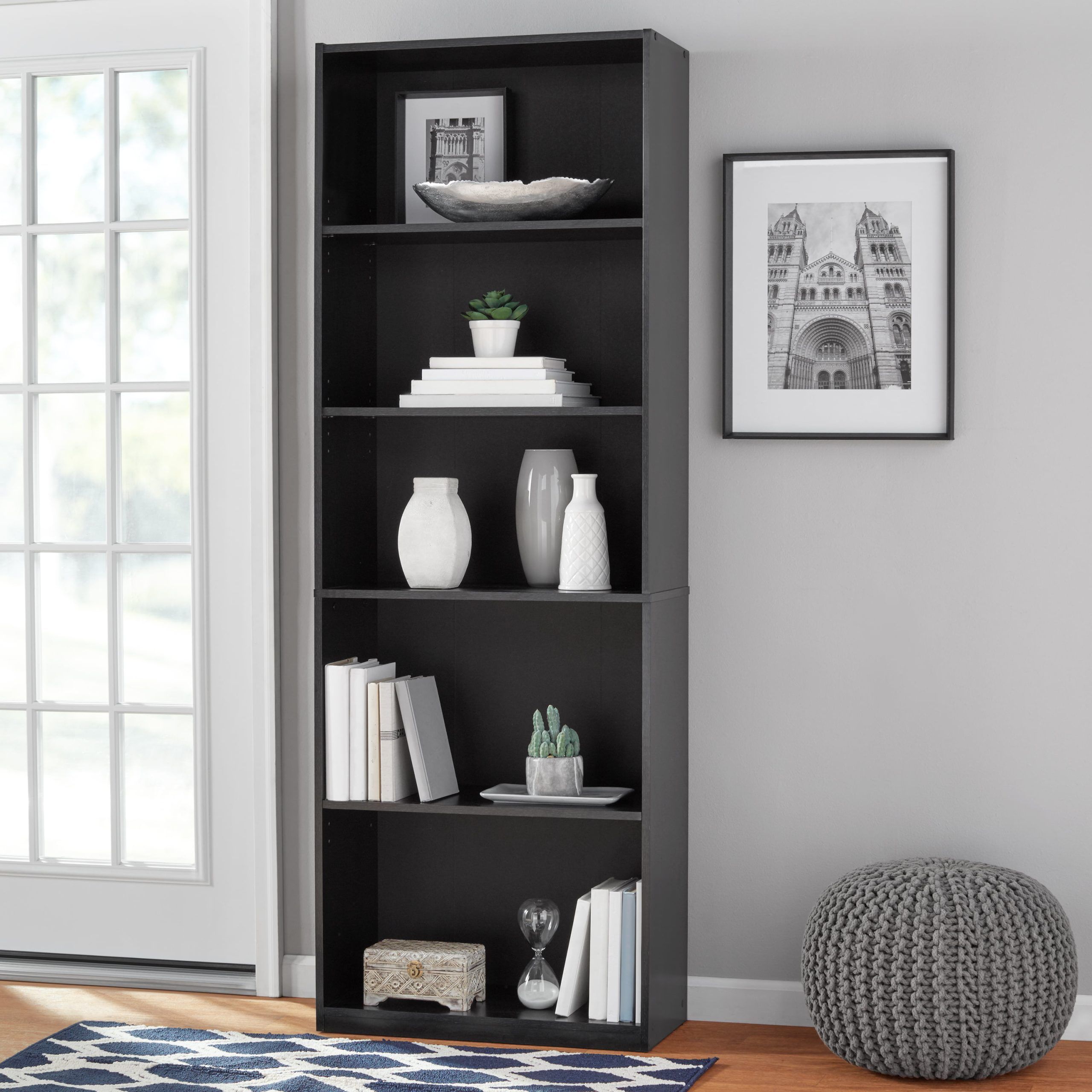 Mainstays 5 Shelf Bookcase With Adjustable Shelves, True Black Oak –  Walmart Throughout Five Shelf Bookcases With Drawer (View 6 of 15)