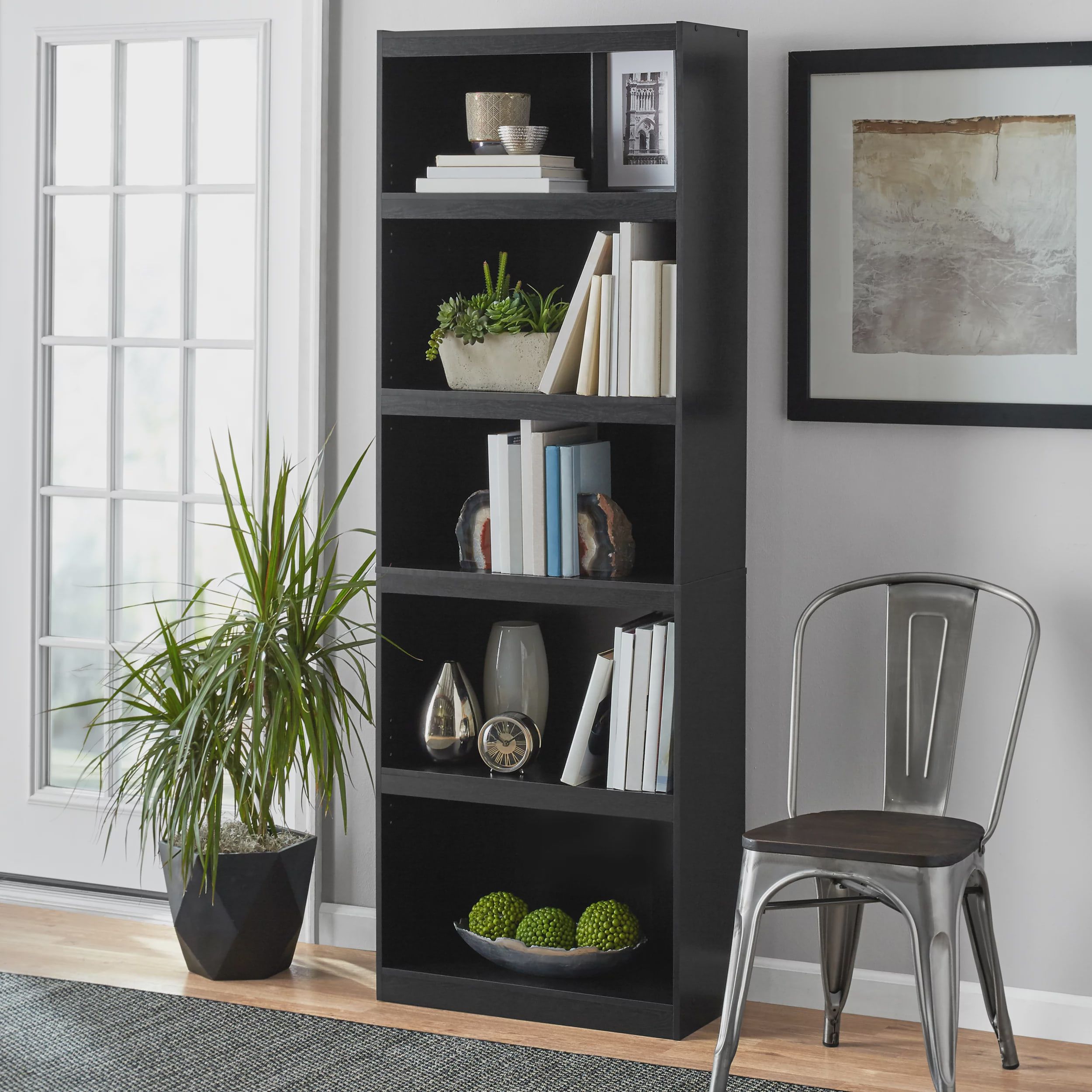Mainstays Framed 5 Shelf Bookcase, True Black Oak – Walmart Inside Five Shelf Bookcases With Drawer (Photo 9 of 15)