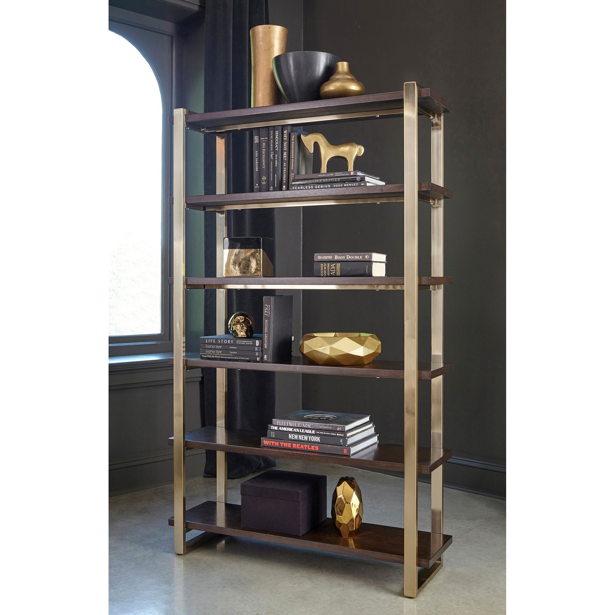 Mathilda Walnut And Rose Brass Bookcase – Overstock – 33991079 For Brass Bookcases (View 15 of 15)