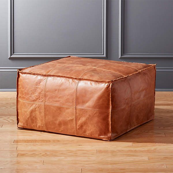 Medium Hand Stitched Square Brown Leather Ottoman Pouf + Reviews | Cb2 Within Square Ottomans (View 12 of 15)