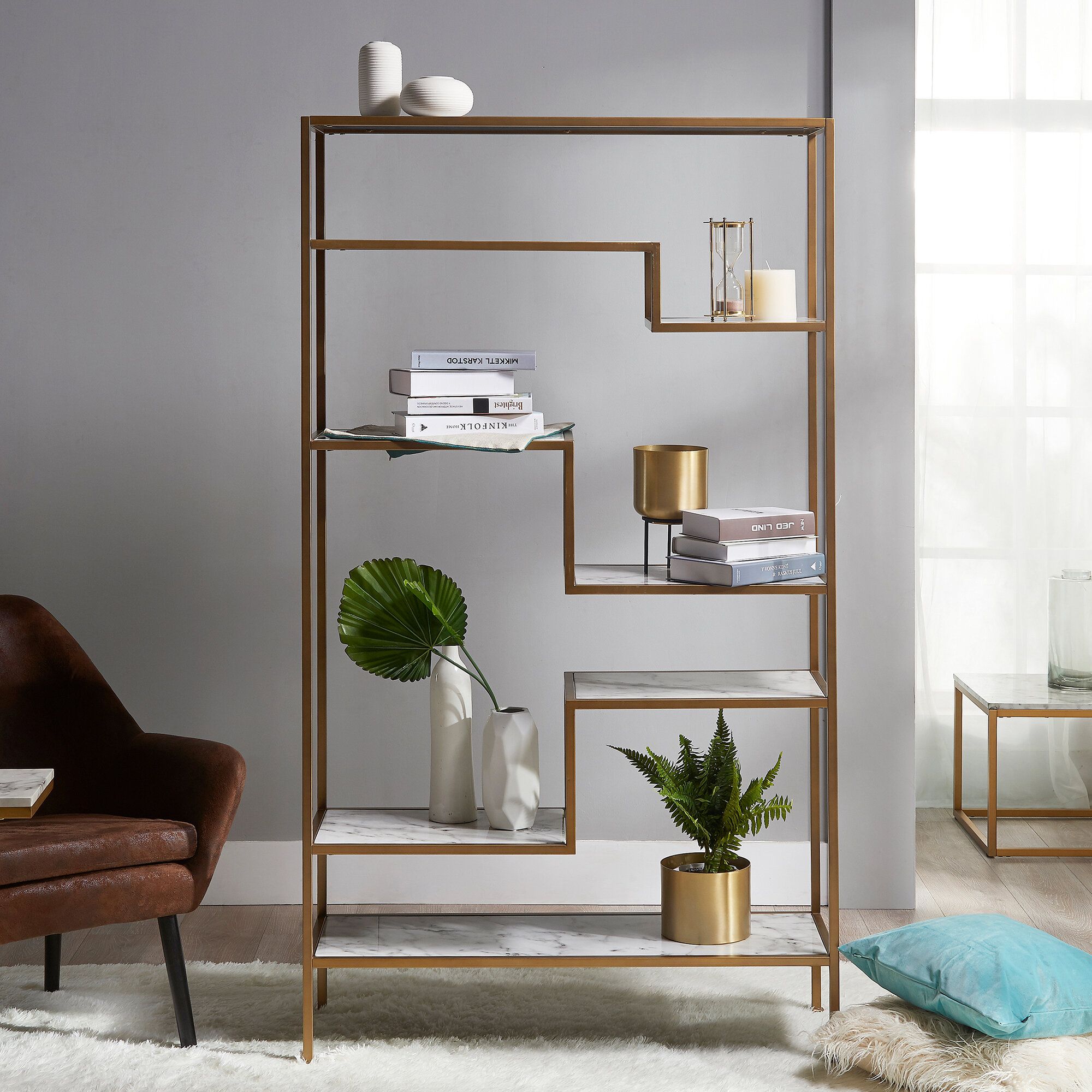 Mercer41 Carbone 72'' H X 40'' W Brass Geometric Bookcase & Reviews |  Wayfair With Regard To Brass Bookcases (Photo 1 of 15)