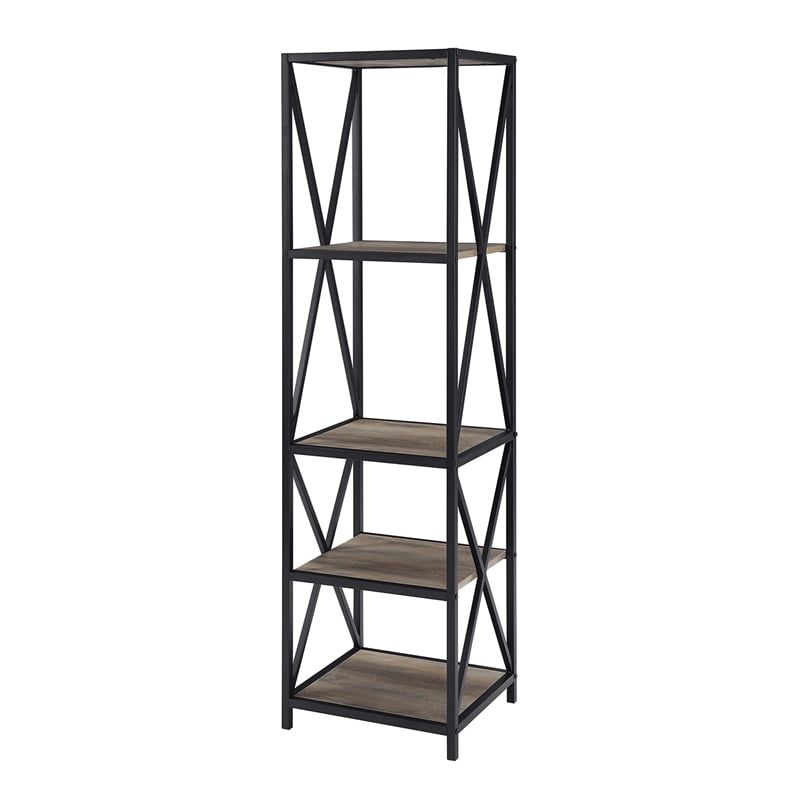 Metal X Media Tower Bookcase With Wood Shelves – Gray Wash – Walmart With Regard To Gray Metal Stone Bookcases (Photo 12 of 15)