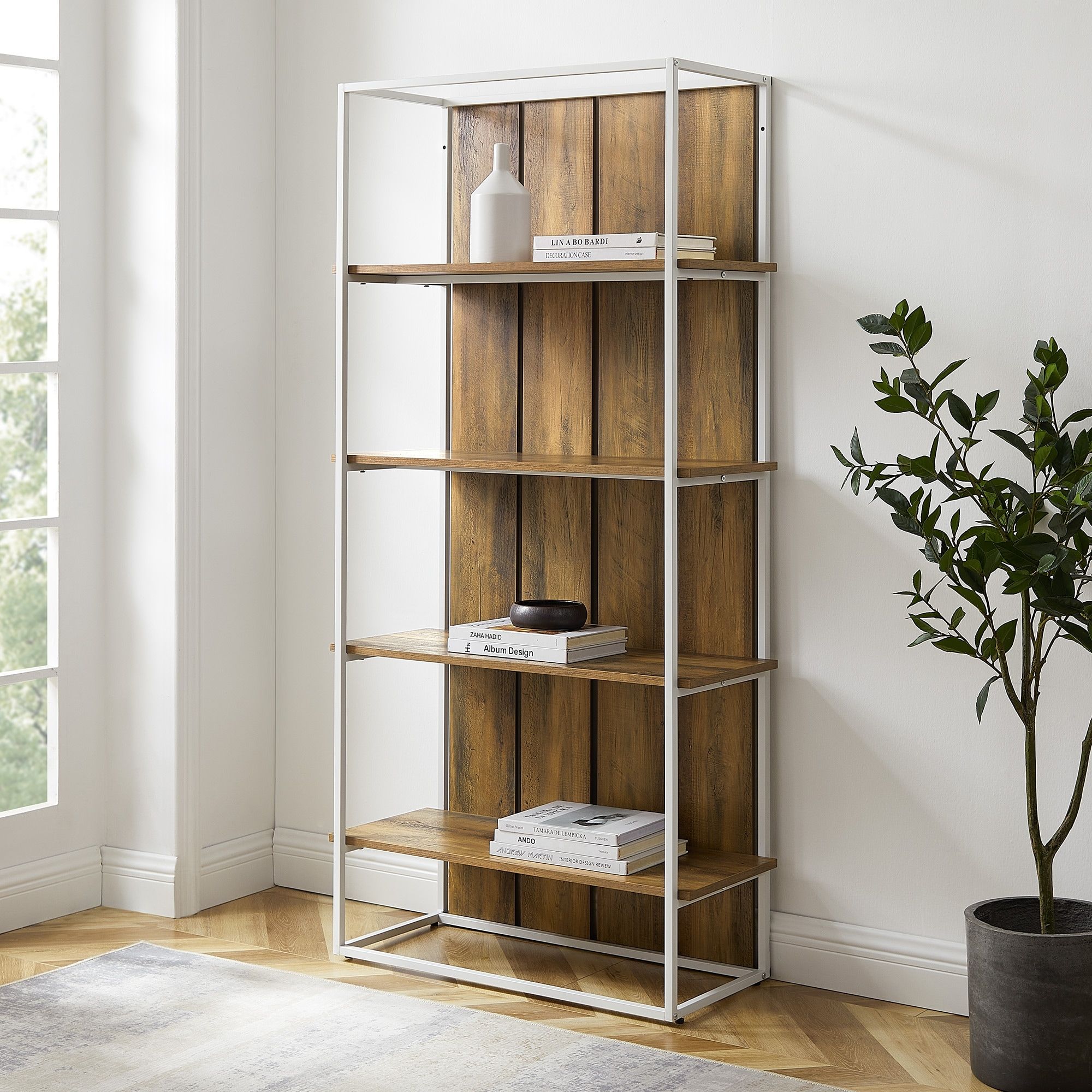 Middlebrook Designs Barnett Slat Back Bookshelf – Rustic Oak / White Metal  – Overstock – 25487883 Pertaining To Bookcases With Slats (View 5 of 15)