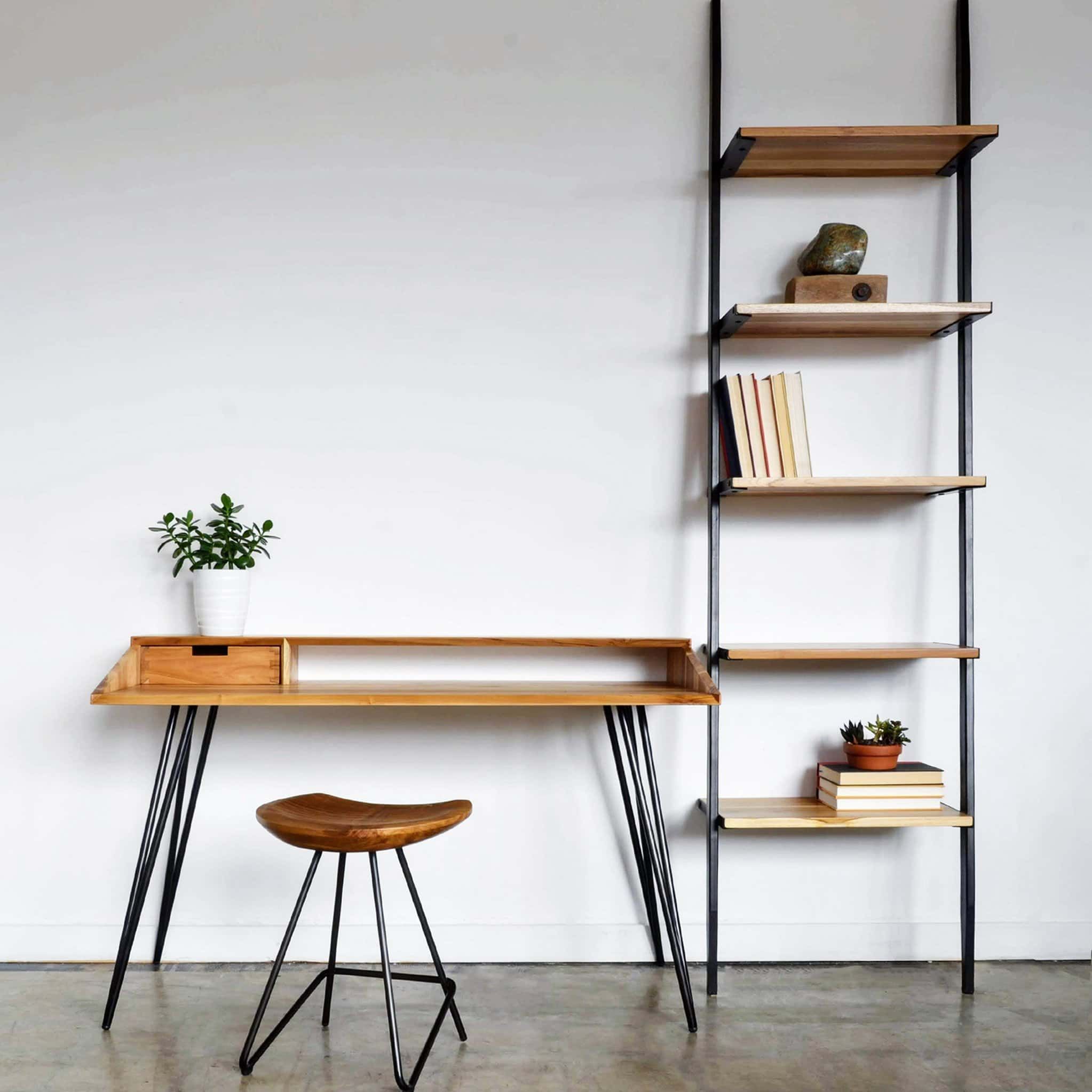 Mika Bookcase 5 Shelves – Teak Wood/natural Finish – Iron/clear Powder Coat  Finishfrom The Source With Regard To Powder Coat Finish Bookcases (View 9 of 15)