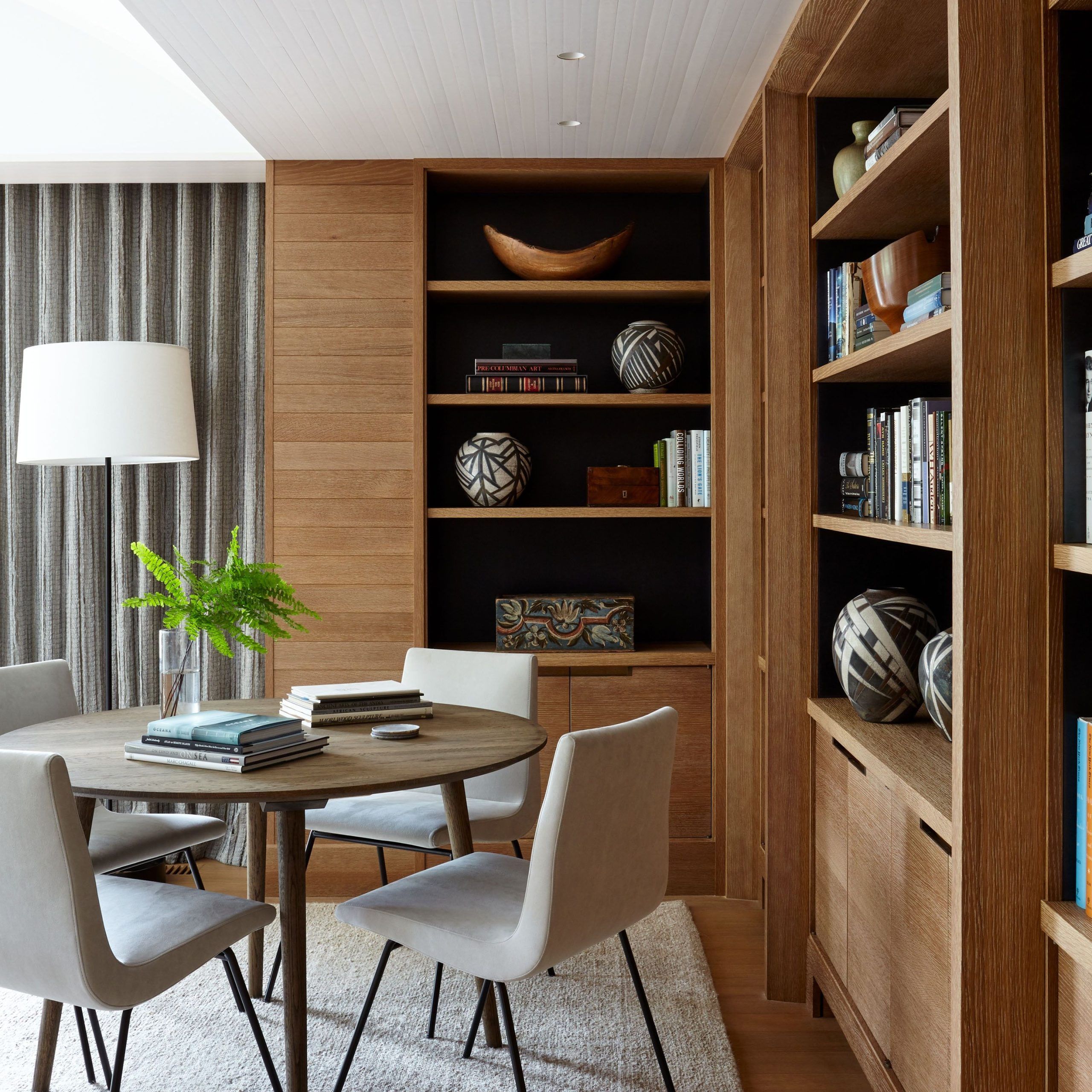 Minimalist Contemporary Scandinavian Style Custom Wood Paneled Library |  Interior Design Portfolios, Home Library Design, Modern Home Library Design With Minimalist Open Slat Bookcases (View 14 of 15)