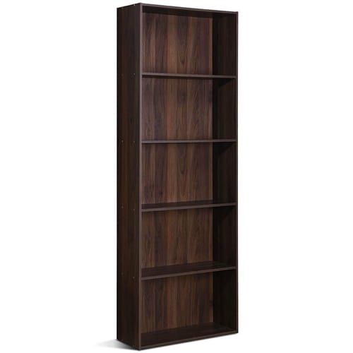 Modern 5 Tier Bookcase Storage Shelf In Brown Walnut Wood Finish |  Jlrhomedecor Regarding Nut Brown Finish Bookcases (View 13 of 15)