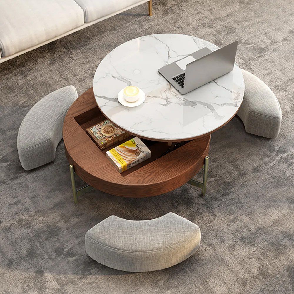 Modern Round Lift Top Coffee Table Set With Storage & 3 Ottomans White &  Walnuthomary | Ufurnish Throughout Walnut Round Ottomans (View 3 of 15)
