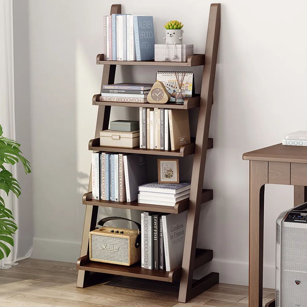 Modern Solid Wood 5 Tier Shelf Ladder Bookcase In Walnut Homary In Wooden Ladder Bookcases (View 10 of 15)