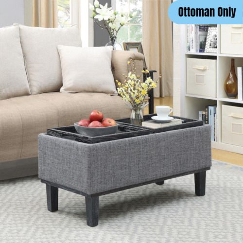 Modern Storage Ottoman Coffee Table Reversible Tray Tops Linen Upholstered  Gray | Ebay For Storage Ottomans With Reversible Trays (View 4 of 15)