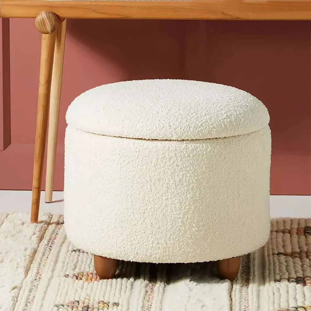 Modern White Boucle Vanity Stool With Lifted Top Storage Round Ottoman With  Walnut Legs Homary Inside Boucle Ottomans (View 10 of 15)