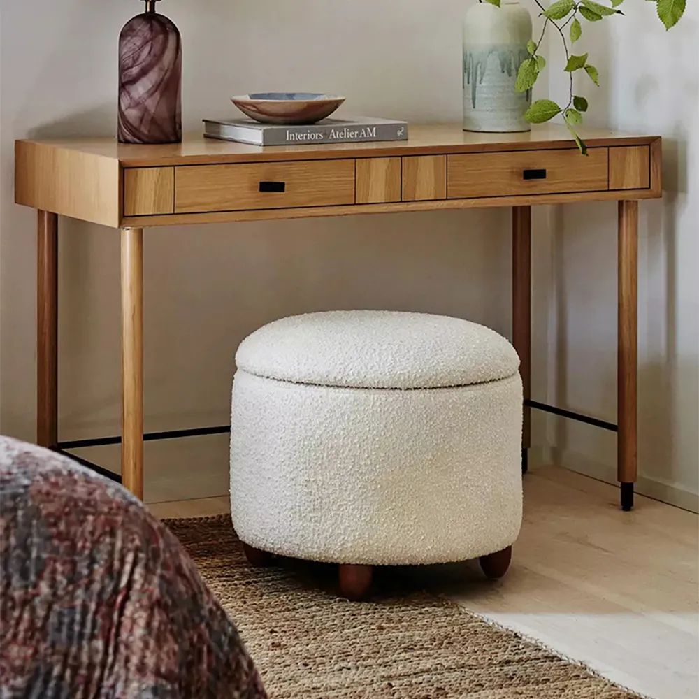 Modern White Boucle Vanity Stool With Lifted Top Storage Round Ottoman With  Walnut Legs Homary Inside Walnut Round Ottomans (View 13 of 15)